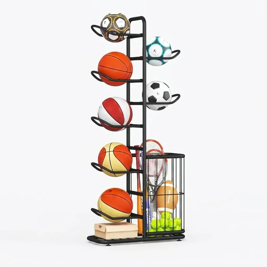 CARLA HOME 7 Tier Ball Storage Rack - Sports Organiser - Black - Basketball Storage Rack