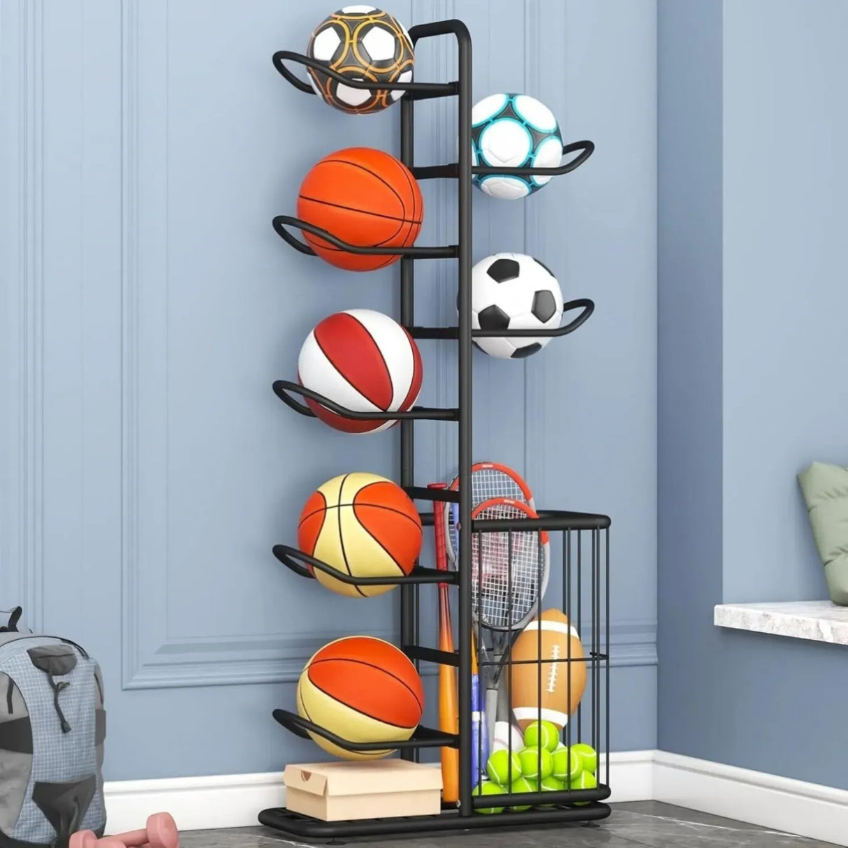CARLA HOME 7 Tier Ball Storage Rack - Sports Organiser - Black - Basketball Storage Rack
