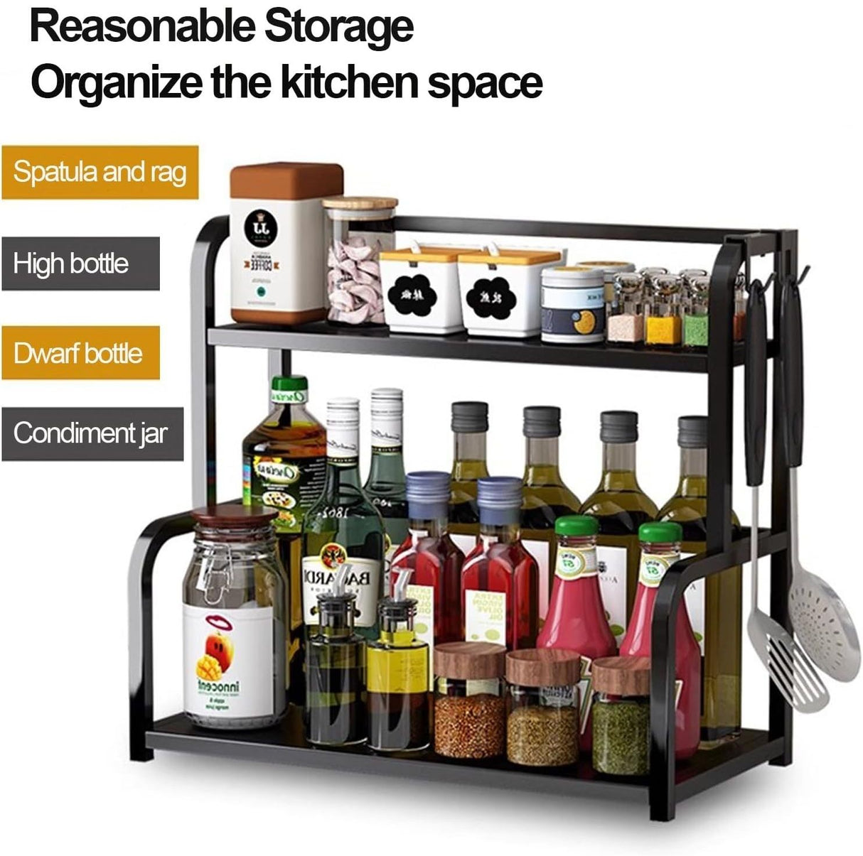 CARLA HOME 2-Tier Wooden Kitchen Countertop Spice Rack for Storage of Condiments, Oils, Jars & Seasoning Bottles