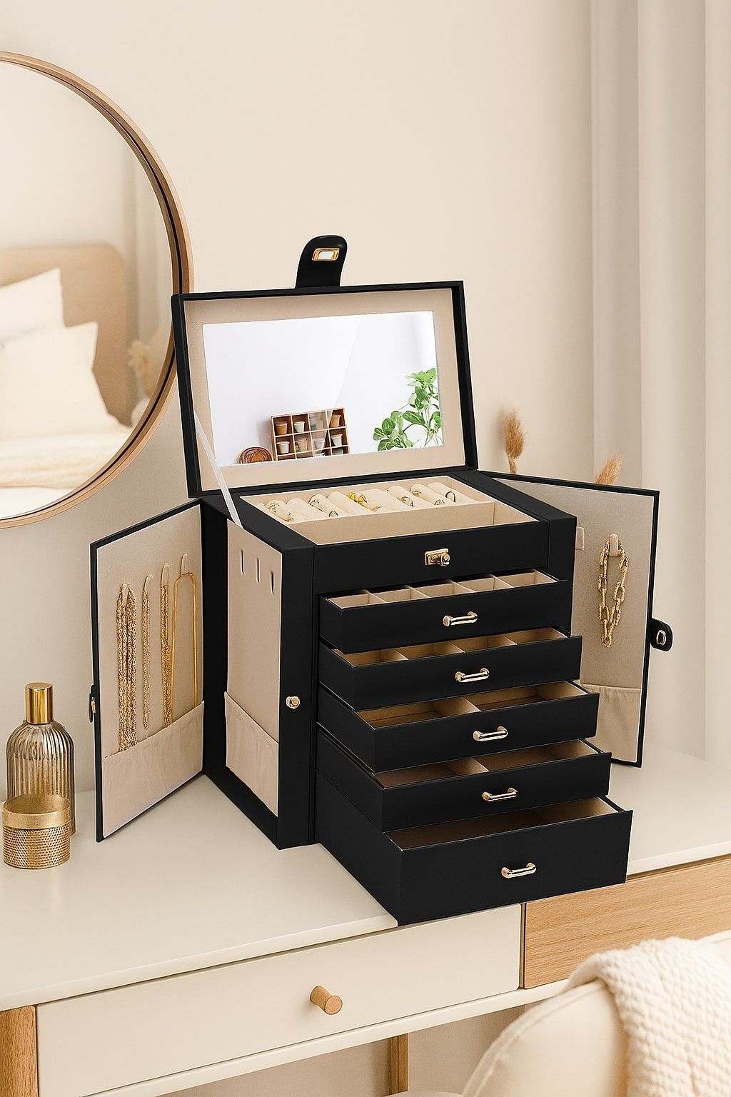 CARLA HOME 6-Layer Large Jewelry Box for Women withDrawers, Mirror, Lock, Necklace Hooks & Side Compartments for Rings, Earrings, Bracelets, Gifts (