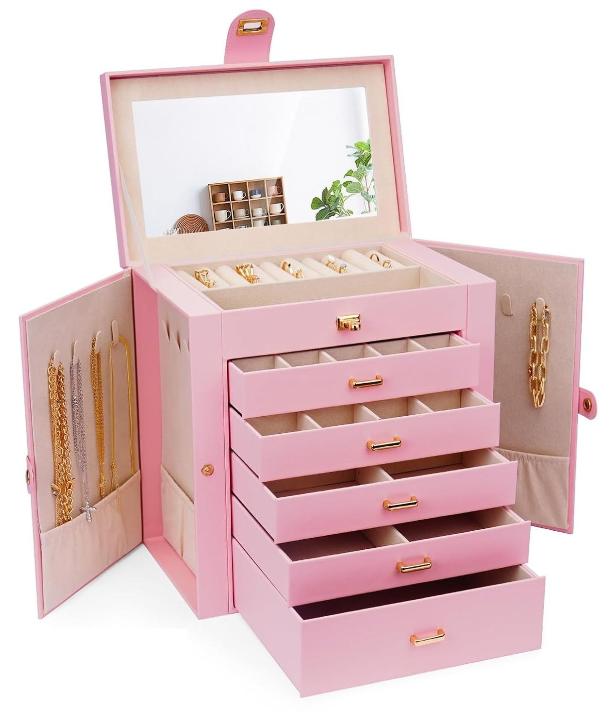 CARLA HOME 6-Layer Large Jewelry Box for Women withDrawers, Mirror, Lock, Necklace Hooks & Side Compartments for Rings, Earrings, Bracelets, Gifts (Pink)