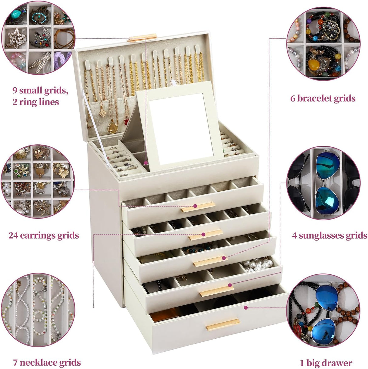 CARLA HOME 6-Layer Large Jewelry Organizer Box for Women with Mirror, Drawers, Hooks & Dividers for Rings, Necklaces, Bracelets, Ideal Gift for Women (White)