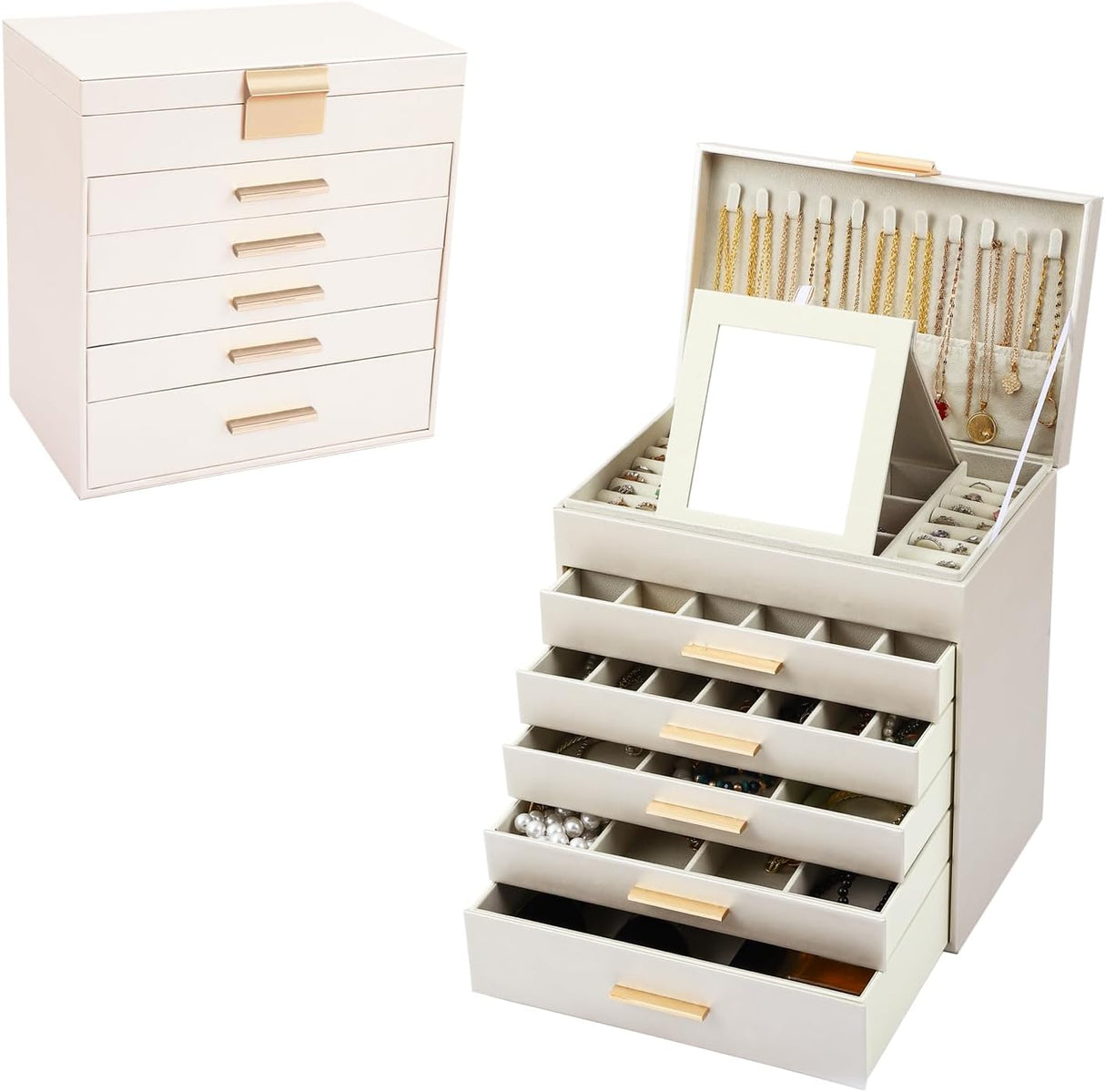 CARLA HOME 6-Layer Large Jewelry Organizer Box for Women with Mirror, Drawers, Hooks & Dividers for Rings, Necklaces, Bracelets, Ideal Gift for Women (White)