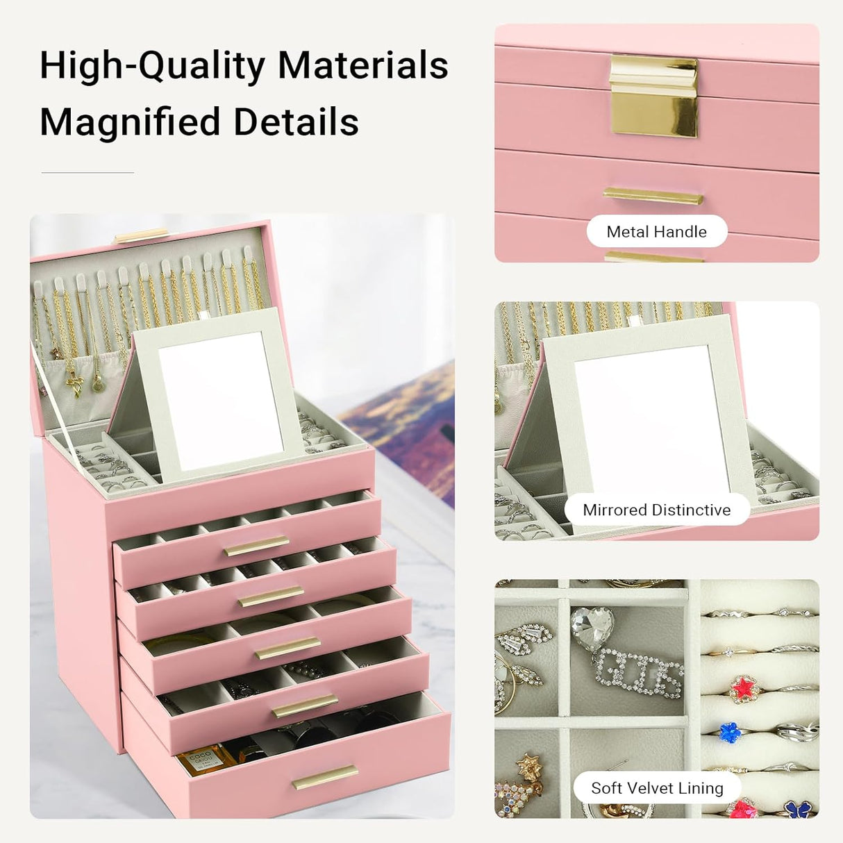 CARLA HOME 6-Layer Large Jewelry Organizer Box for Women with Mirror, Drawers, Hooks & Dividers for Rings, Necklaces, Bracelets, Ideal Gift for Women (Pink)
