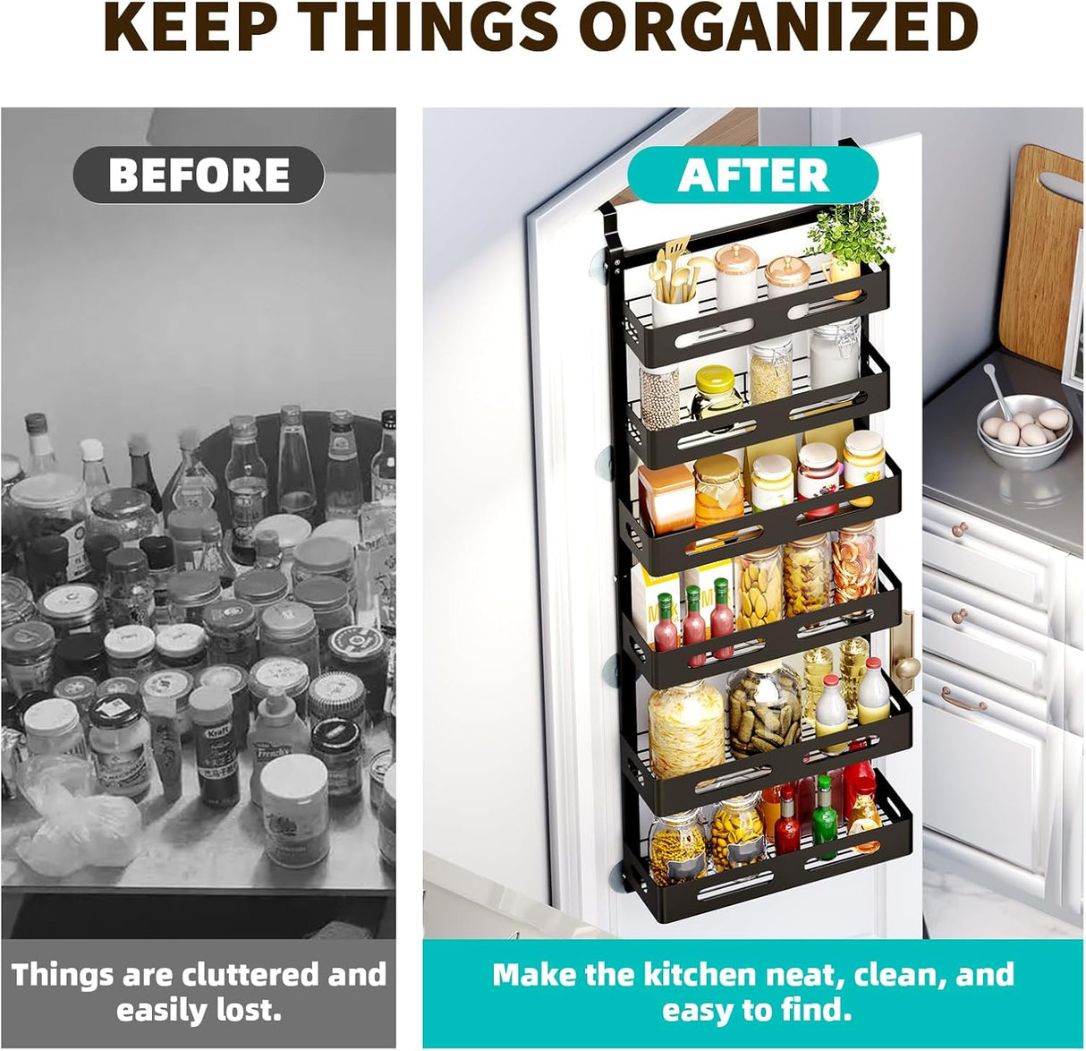 CARLA HOME 6 Tier Over the Door Organizer with Adjustable Metal Pantry Storage Rack and Hanging Baskets for Kitchen and Bathroom