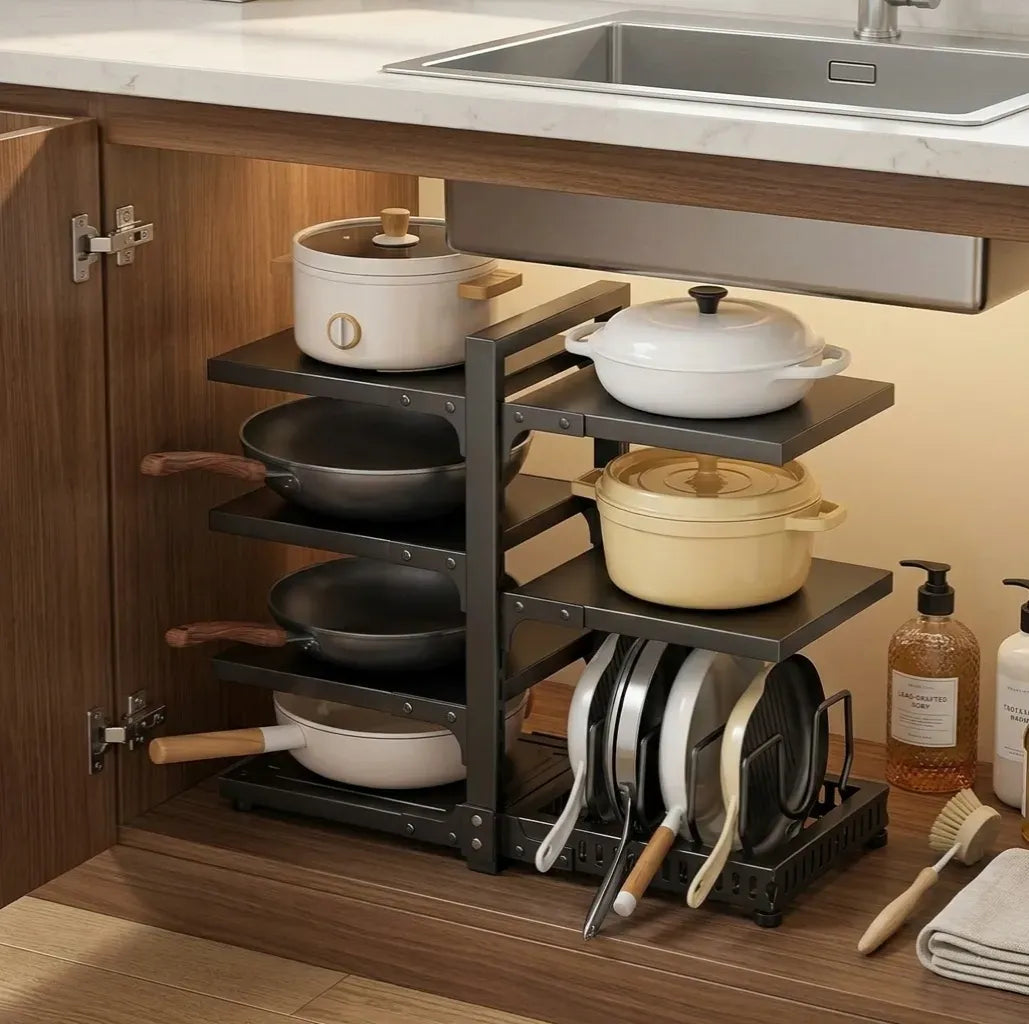 CARLA HOME Black 7 Tier Pan Organiser Rack - Heavy Duty - Adjustable - Pan Rack Kitchen