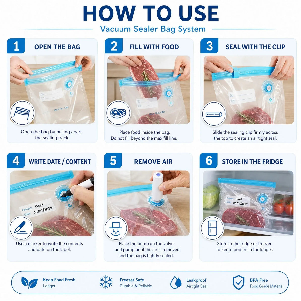 CARLA HOME Automatic Vacuum Sealer Kit - 10 Reusable Bags - White - Food Vacuum Set