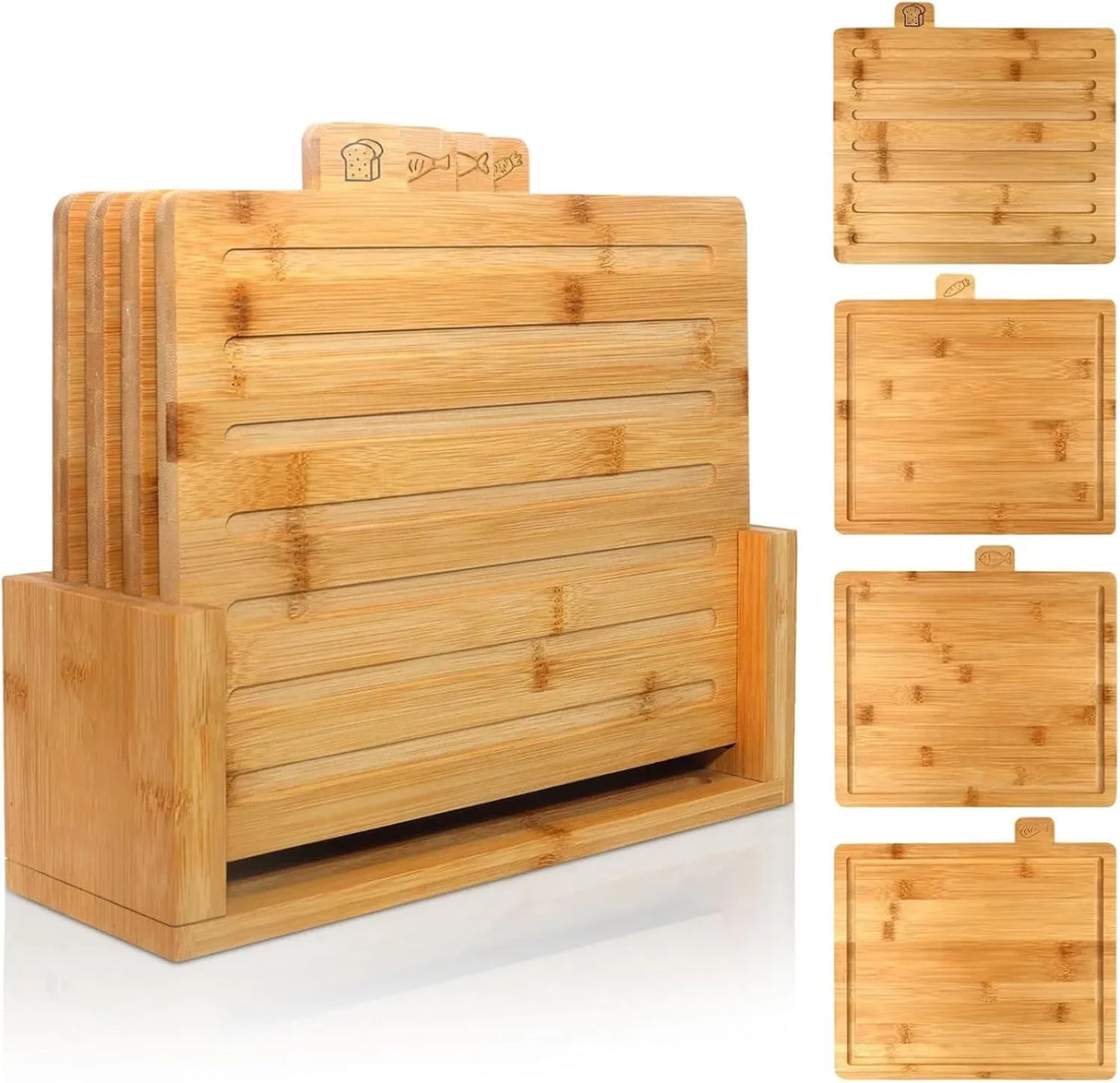 CARLA HOME Bamboo Cutting Board Set with Stand, 4 Pieces for Kitchen