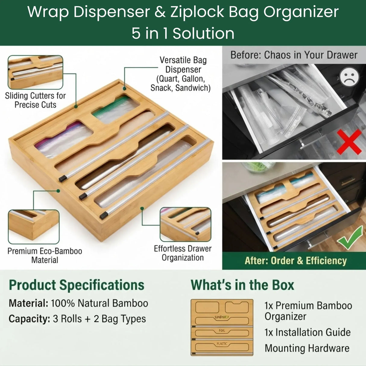 CARLA HOME Bamboo Wrap Organiser, 5 in 1 Dispenser with Cutter for Kitchen