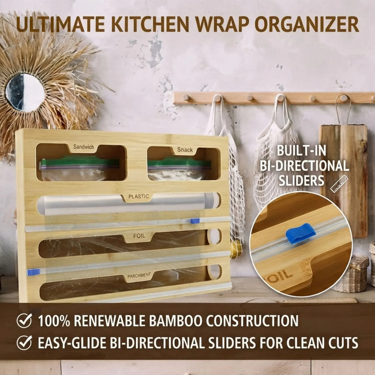 CARLA HOME Bamboo Wrap Organiser, 5 in 1 Dispenser with Cutter for Kitchen