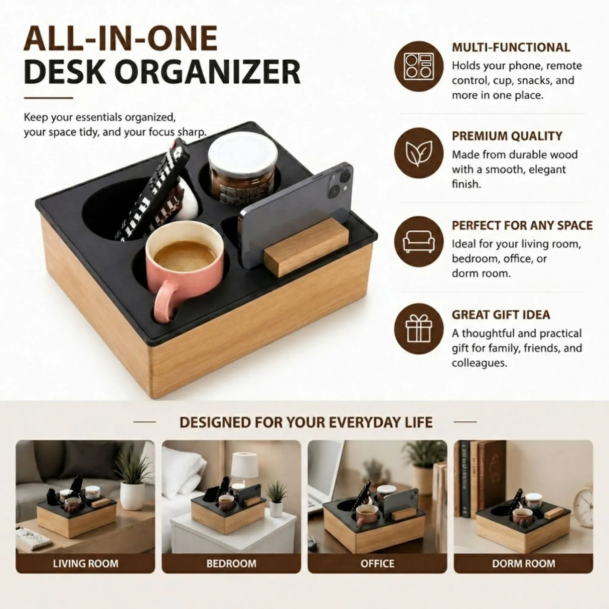 CARLA HOME Couch Cup Holder Tray, Wood Sofa Caddy, Antislip , Living Room
