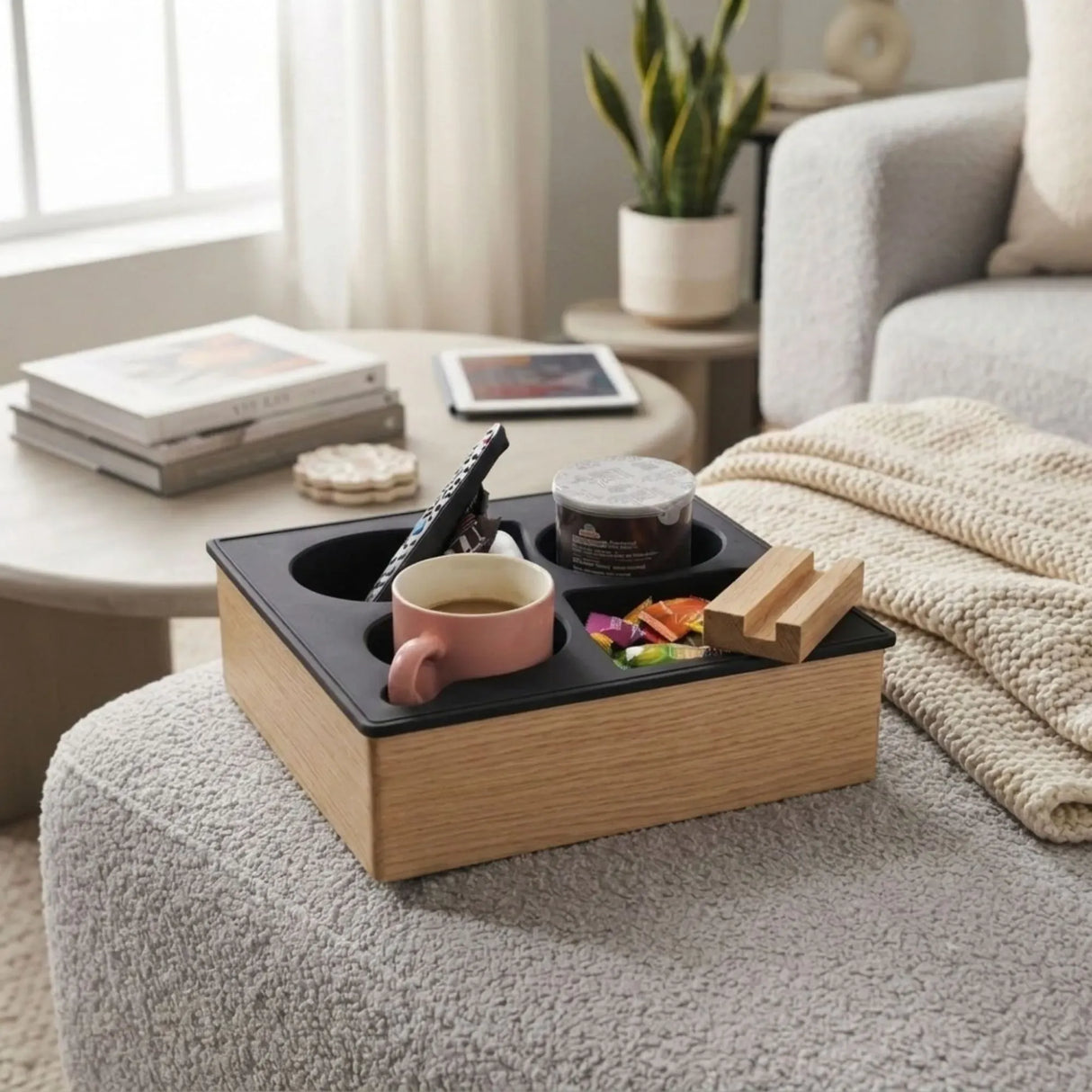 CARLA HOME Couch Cup Holder Tray, Wood Sofa Caddy, Antislip , Living Room