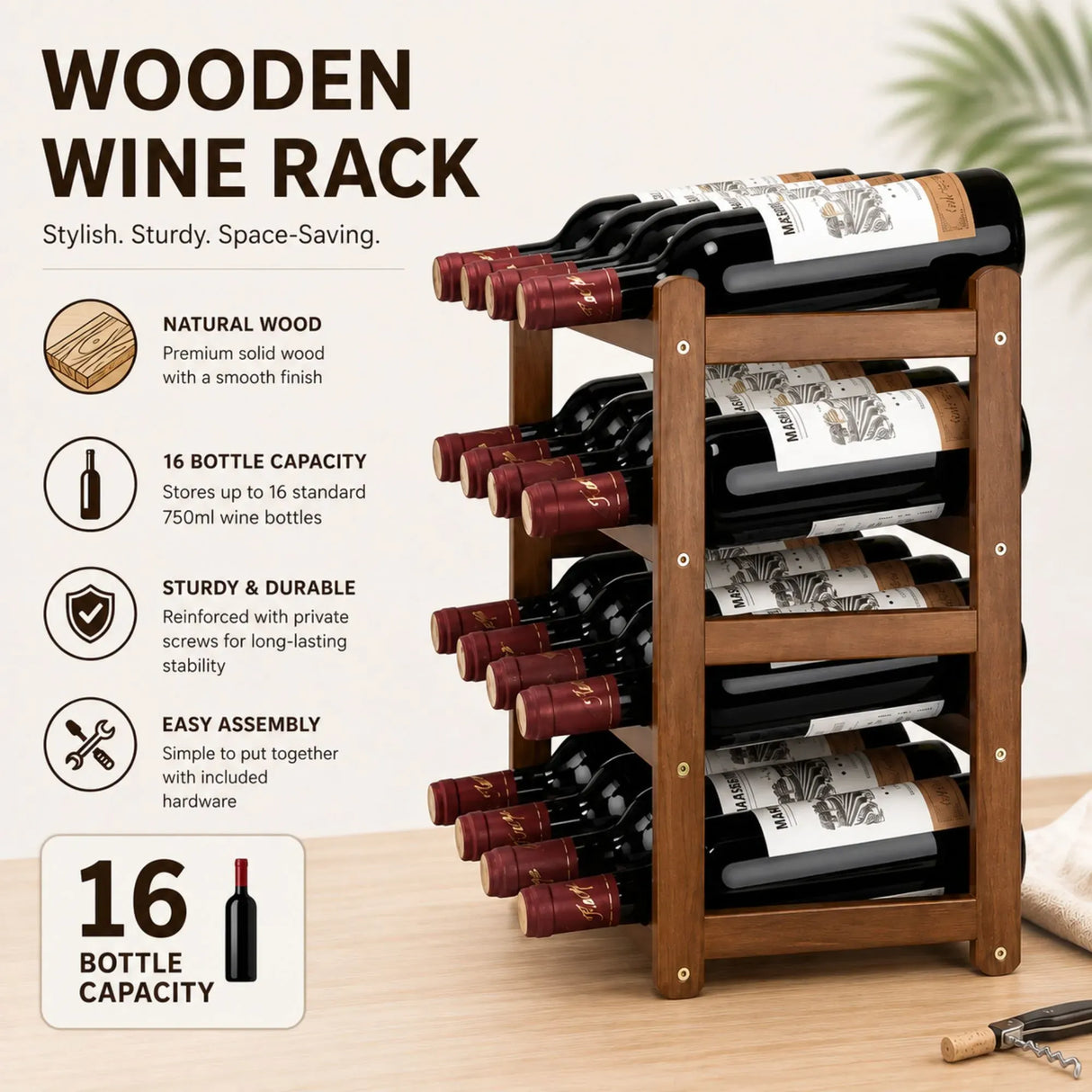 CARLA HOME 4 Tier Wooden Wine Rack, 16 Bottle Storage, Brown