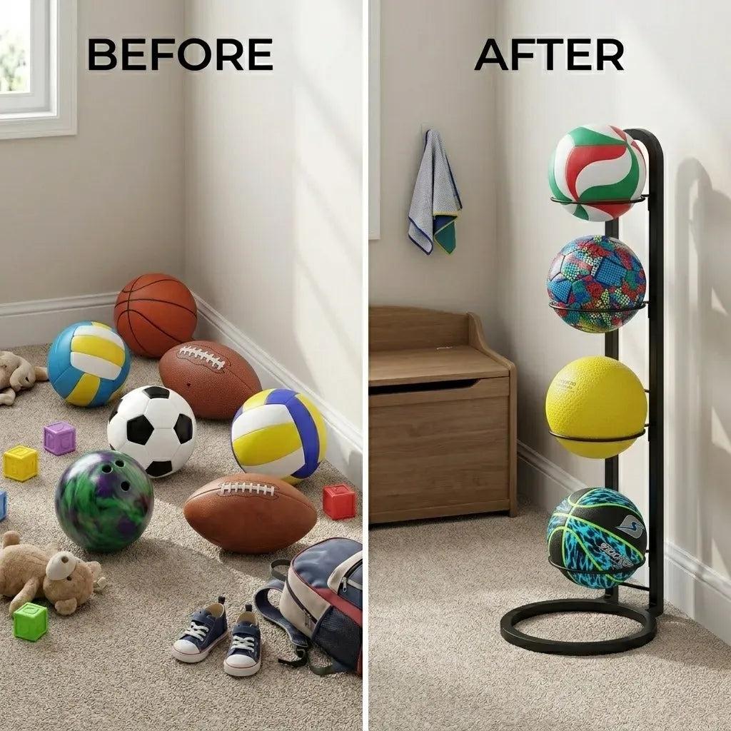 CARLA HOME 4 Tier Ball Storage Rack - Vertical Metal Stand - Black - Basketball Hoop