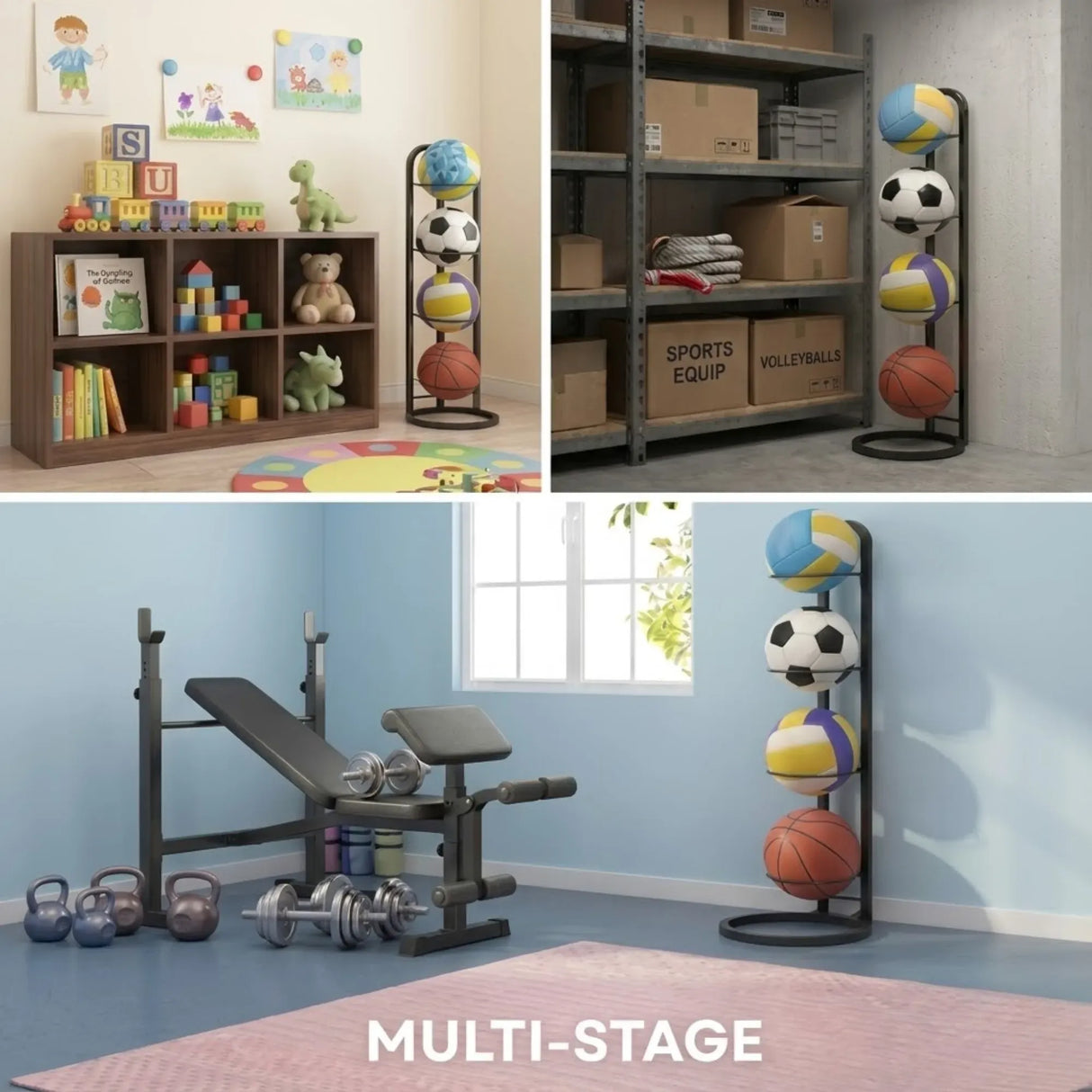 CARLA HOME 4 Tier Ball Storage Rack - Vertical Metal Stand - Black - Basketball Hoop