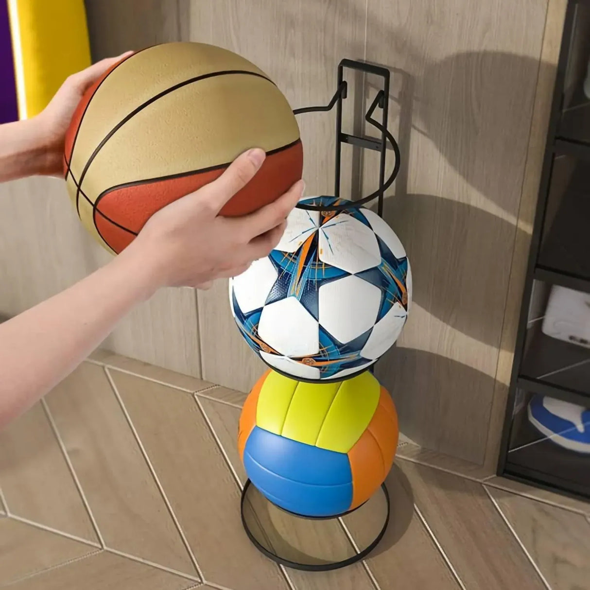 CARLA HOME 4 Tier Ball Storage Rack - Vertical Metal Stand - Black - Basketball Hoop