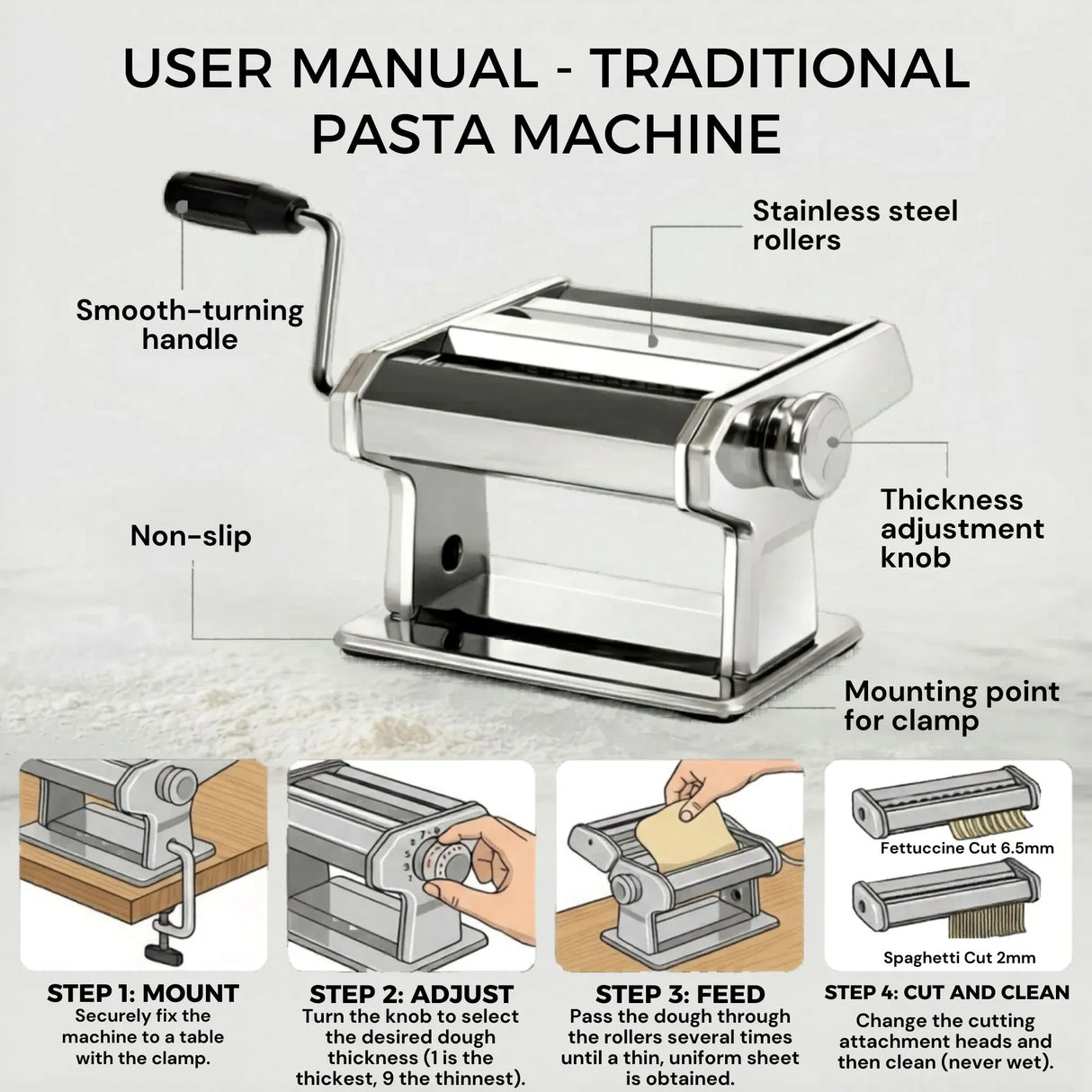 CARLA HOME Pasta Maker Machine - Hand Crank Noodle Maker - Grey - Kitchen Appliances Pasta Makers