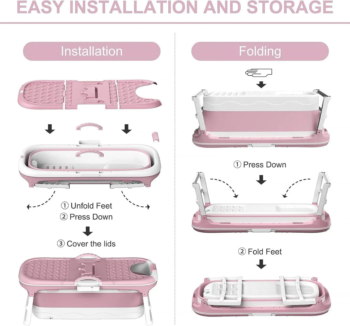 CARLA HOME Foldable Bathtub Adult - Collapsible Soaking Tub - Pink - Folding Bathub