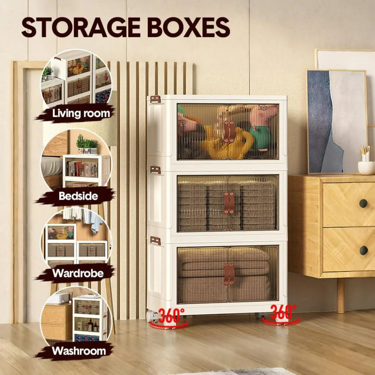 CARLA HOME 3 Tier Stackable Storage Cabinet with Wheels White - Storage Box - Plastic