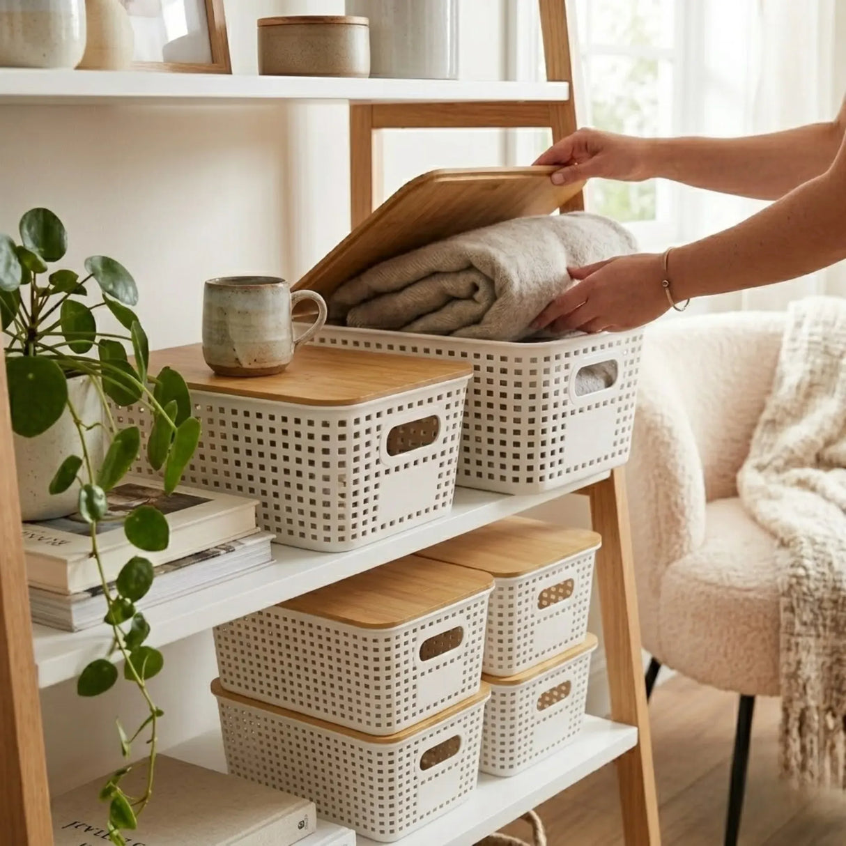 CARLA HOME Storage Bins with Bamboo Lids - 6 Pack - White - Plastic - Storage Bins 6 Pcs