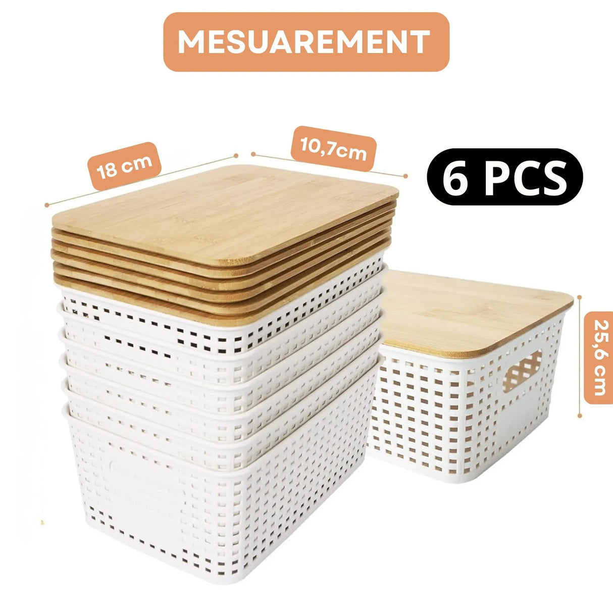 CARLA HOME Storage Bins with Bamboo Lids - 6 Pack - White - Plastic - Storage Bins 6 Pcs
