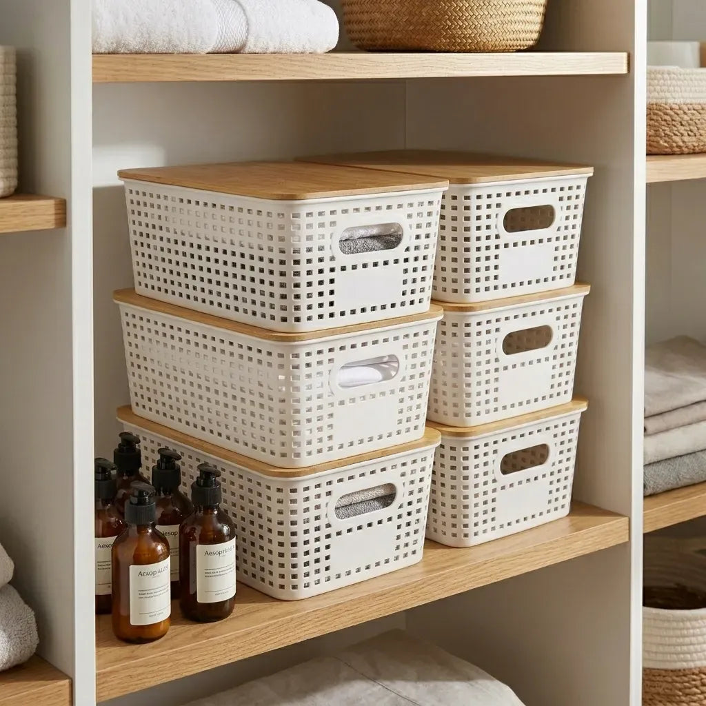CARLA HOME Storage Bins with Bamboo Lids - 6 Pack - White - Plastic - Storage Bins 6 Pcs
