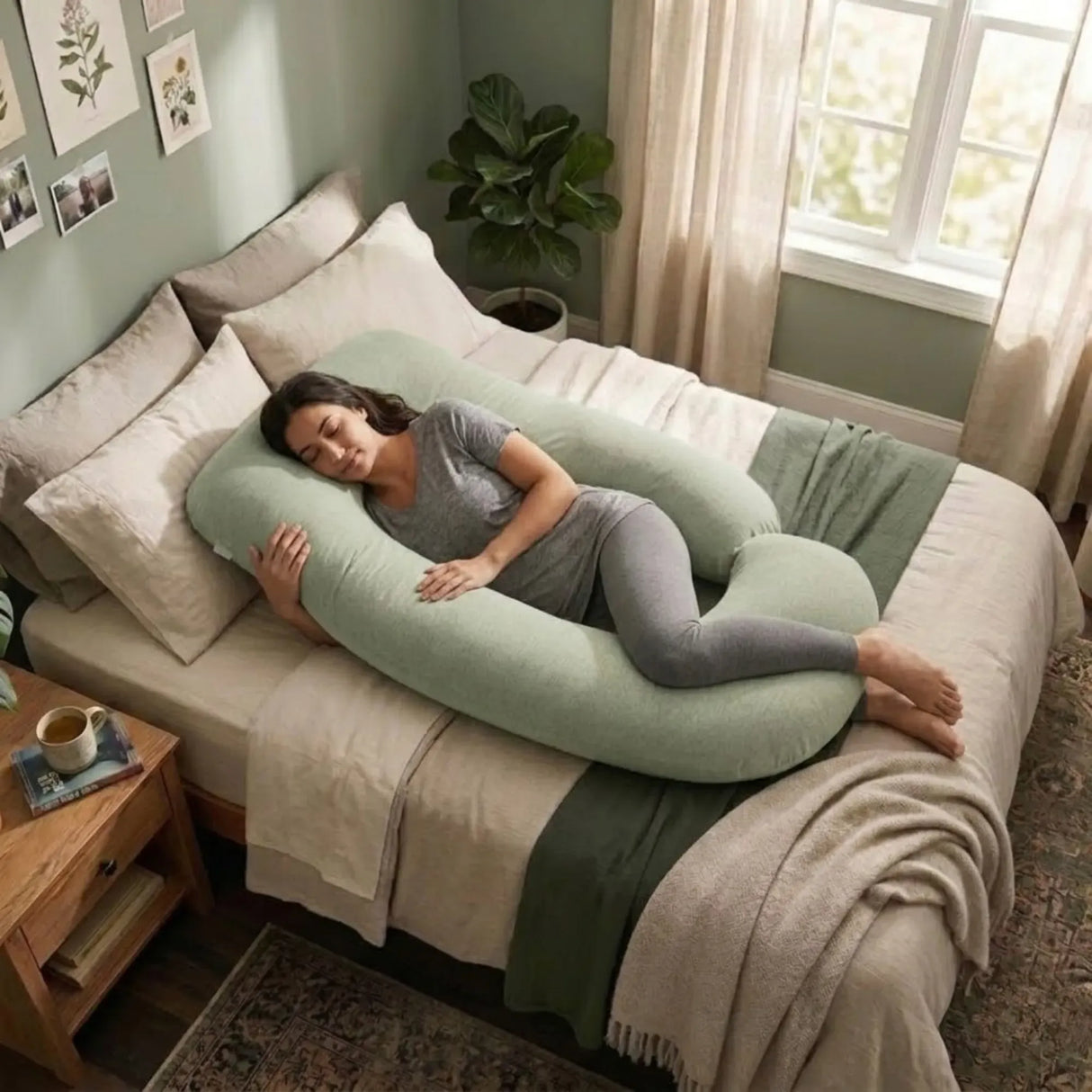 CARLA HOME U Shape Pregnancy Pillow Full Body Support - Green - Polyester - Full Body Pillow