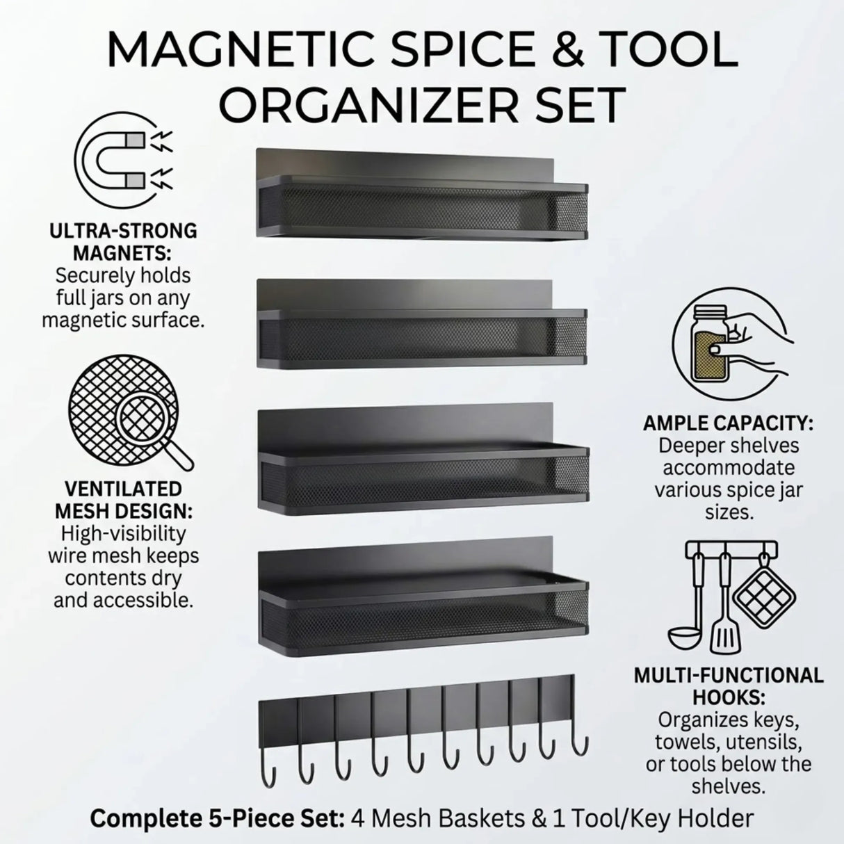CARLA HOME 5 Pack Magnetic Spice Rack for Fridge Kitchen with Hook Bar