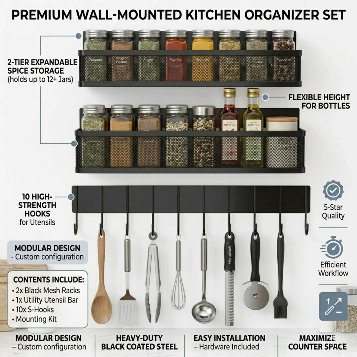 CARLA HOME 3 Pack Magnetic Spice Rack for Fridge Kitchen with Hook Bar