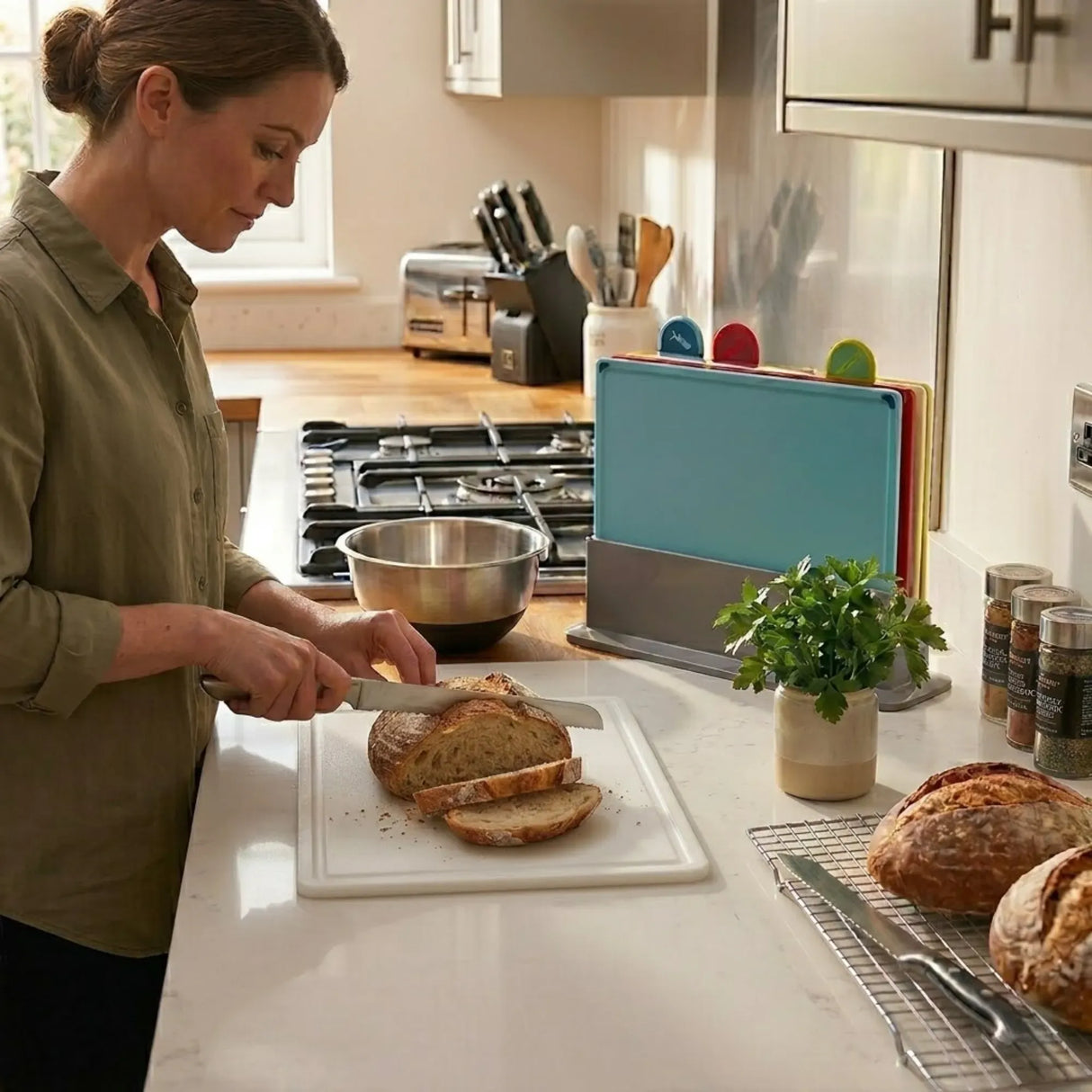CARLA HOME 4 Pcs Colour Coded Cutting Board Set with Stand for Kitchen Organisation
