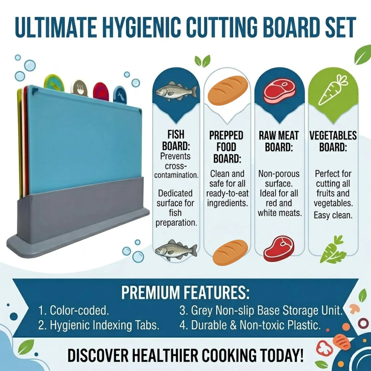 CARLA HOME 4 Pcs Colour Coded Cutting Board Set with Stand for Kitchen Organisation