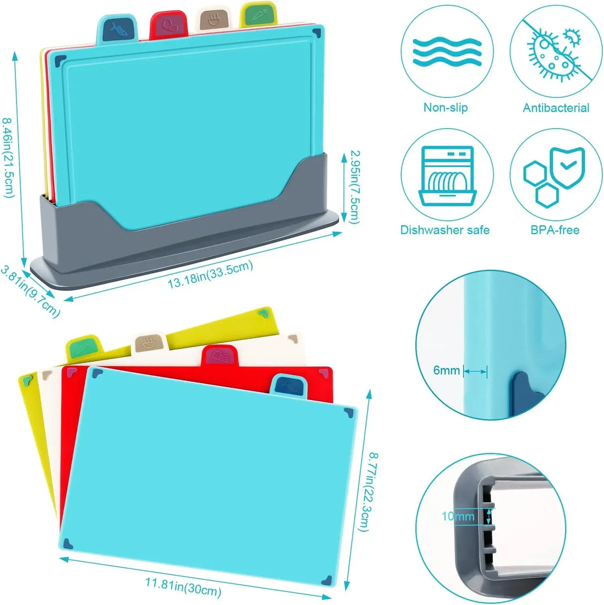 CARLA HOME 4 Pcs Colour Coded Cutting Board Set with Stand for Kitchen Organisation