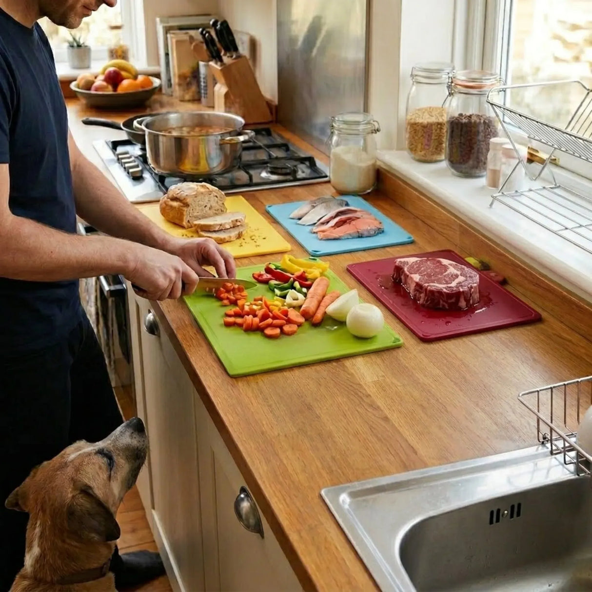 CARLA HOME 4 Pcs Colour Coded Cutting Board Set with Stand for Kitchen Organisation