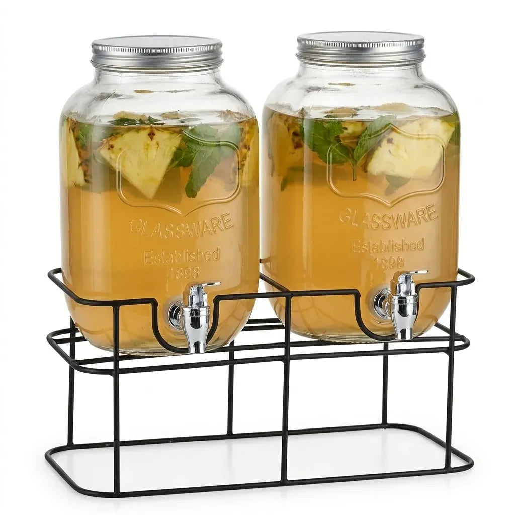 CARLA HOME 2 Pack Glass Drink Dispensers with Juice Pot Stand - 4L