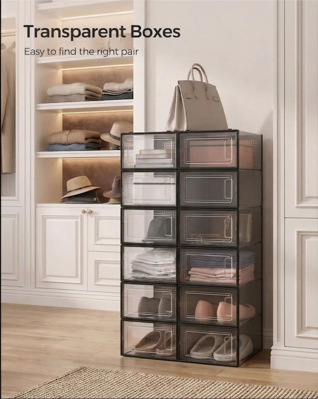 CARLA HOME 18-Pack Shoe Storage Boxes - Clear Stackable - Black - Shoe Box Storage