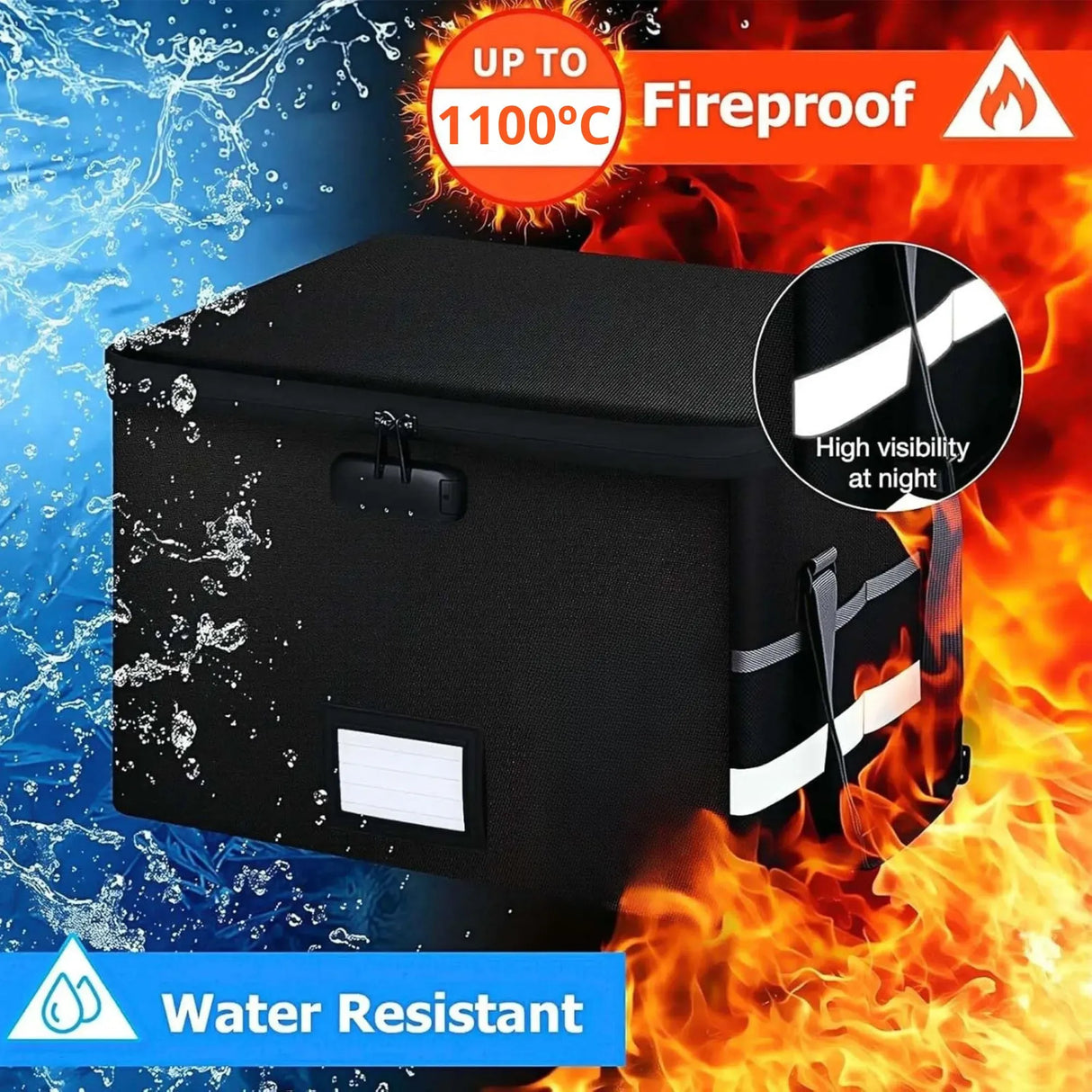 CARLA HOME Fireproof Document Box with Lock - Collapsible Black - Glass Fiber - Reflective Strip Design