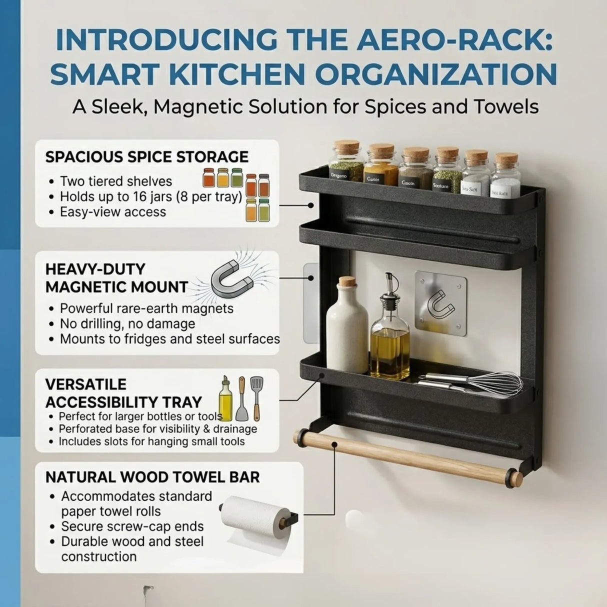 CARLA HOME Magnetic Refrigerator Spice Rack - 2 Tier Fridge Organiser - Black