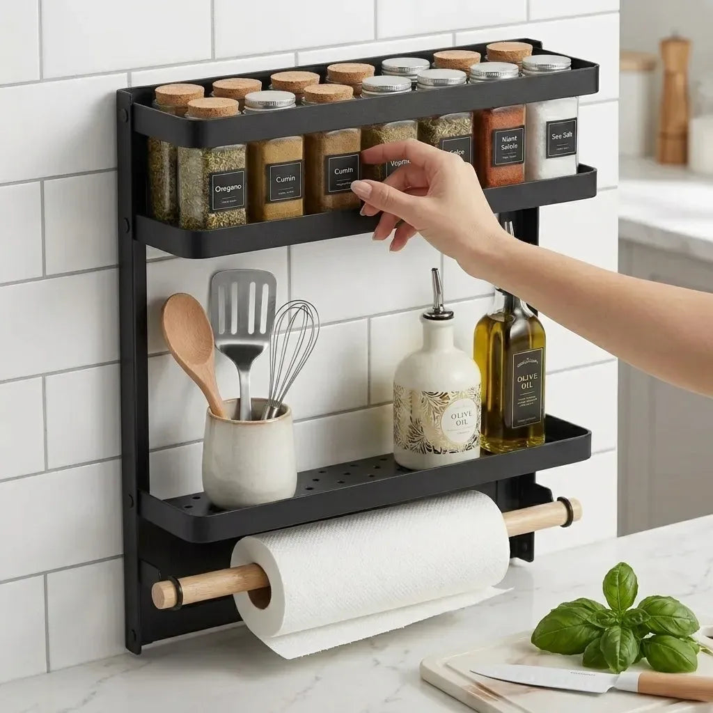 CARLA HOME Magnetic Refrigerator Spice Rack - 2 Tier Fridge Organiser - Black