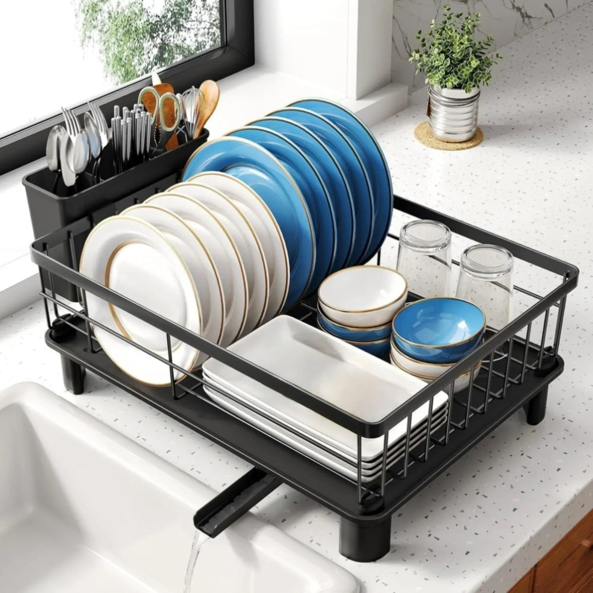 CARLA HOME Dish Drying Rack with Drainboard & Utensil Holder for Kitchen (Black)
