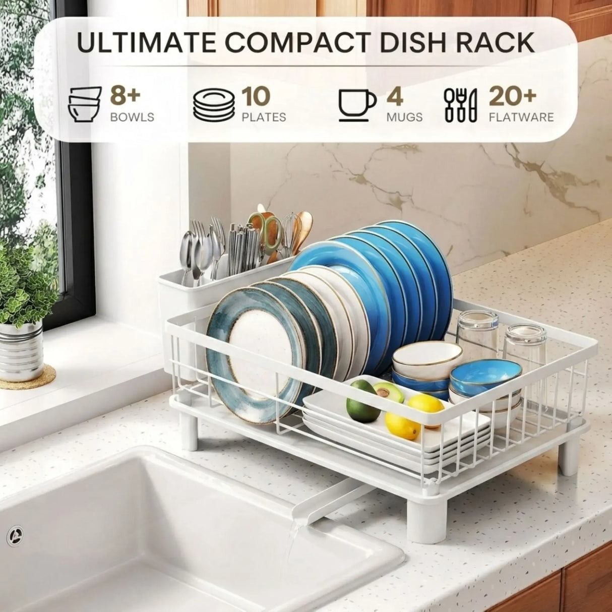 CARLA HOME Dish Drying Rack with Drainboard & Utensil Holder for Kitchen (White)