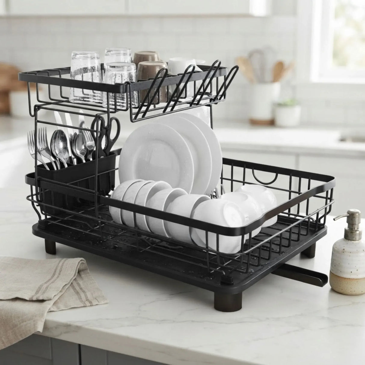 CARLA HOME 2 tier Dish Drying Rack with Drainboard & Utensil Holder for Kitchen (Black)