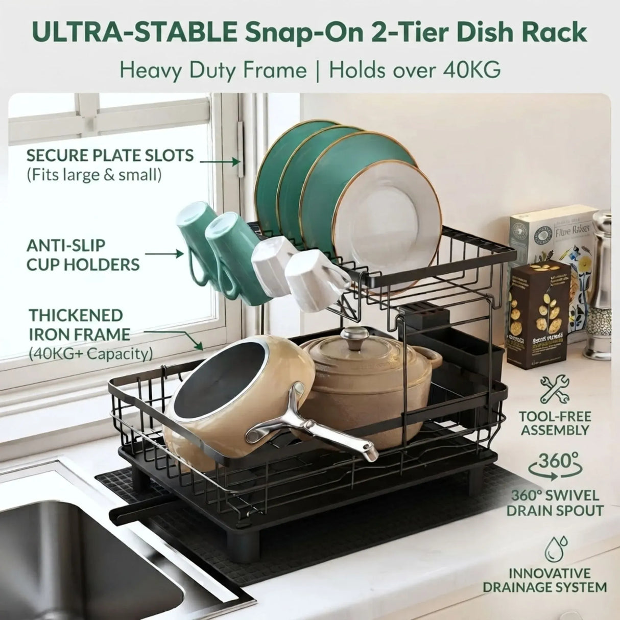 CARLA HOME 2 tier Dish Drying Rack with Drainboard & Utensil Holder for Kitchen (Black)