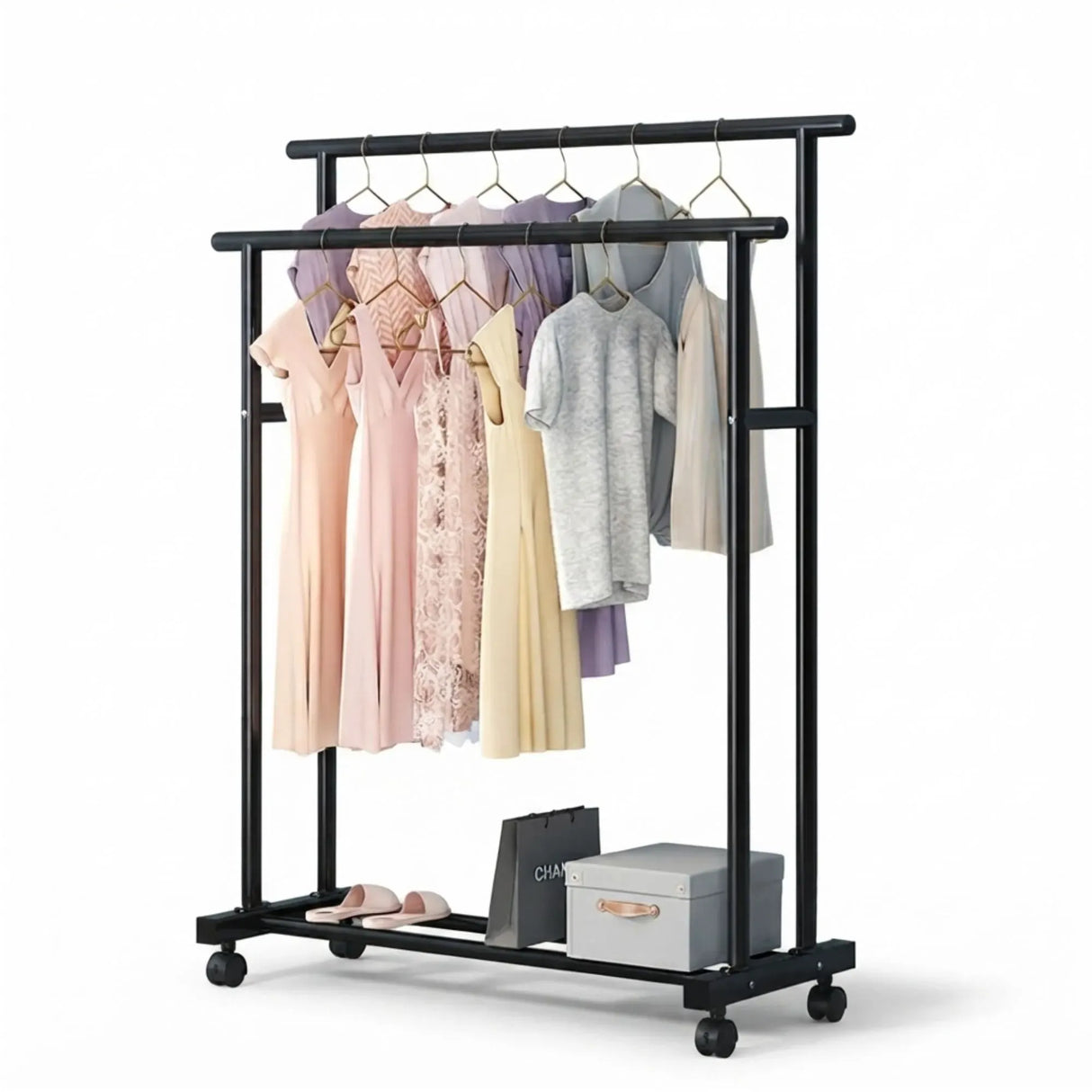 CARLA HOME Double Rod Clothes Rack with Wheels, Metal, Portable Wardrobe Rack