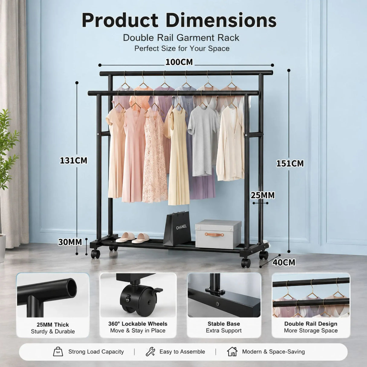 CARLA HOME Double Rod Clothes Rack with Wheels, Metal, Portable Wardrobe Rack