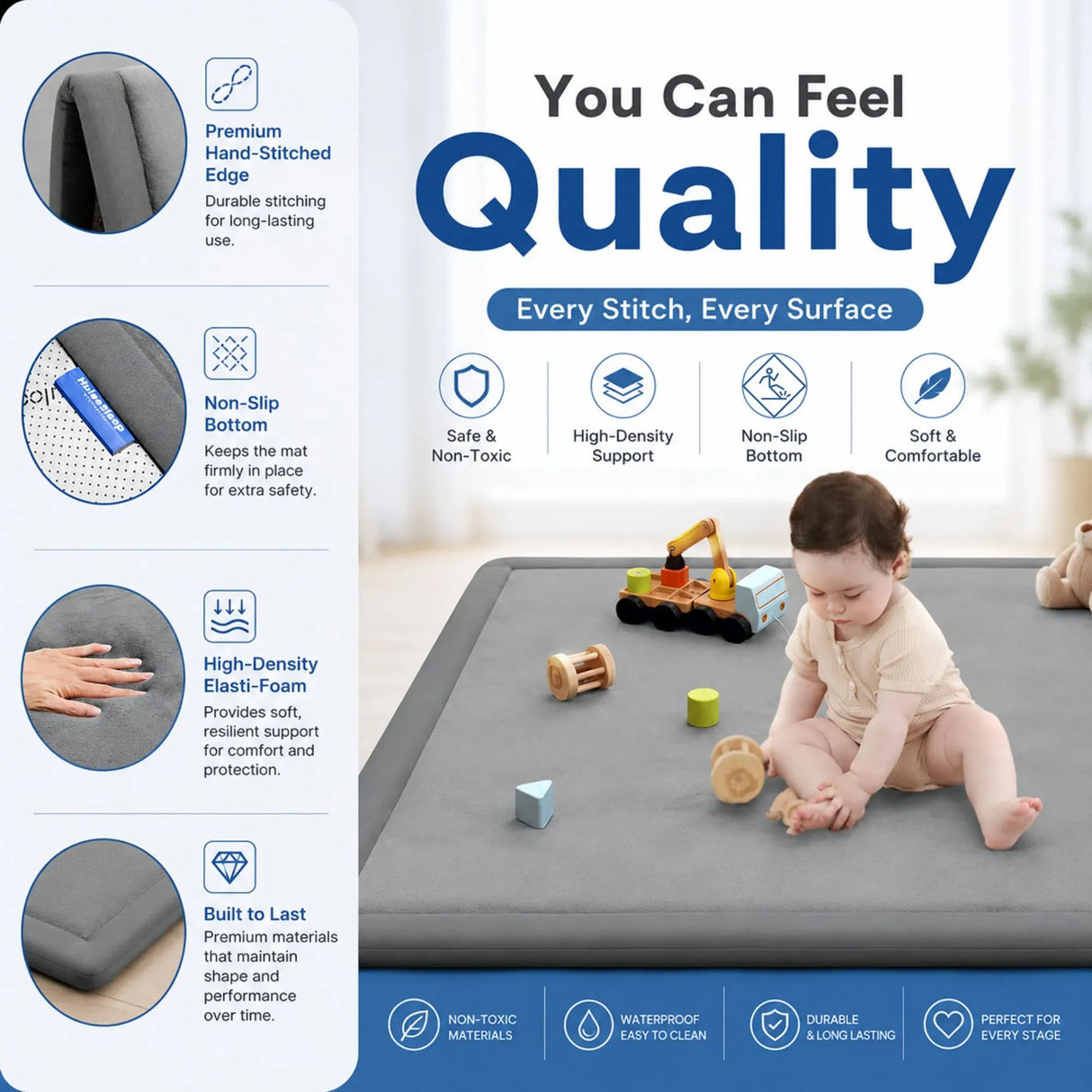 CARLA HOME Baby Play Mat 150x200cm, Thick Foam Crawling Mat, Infants, Grey