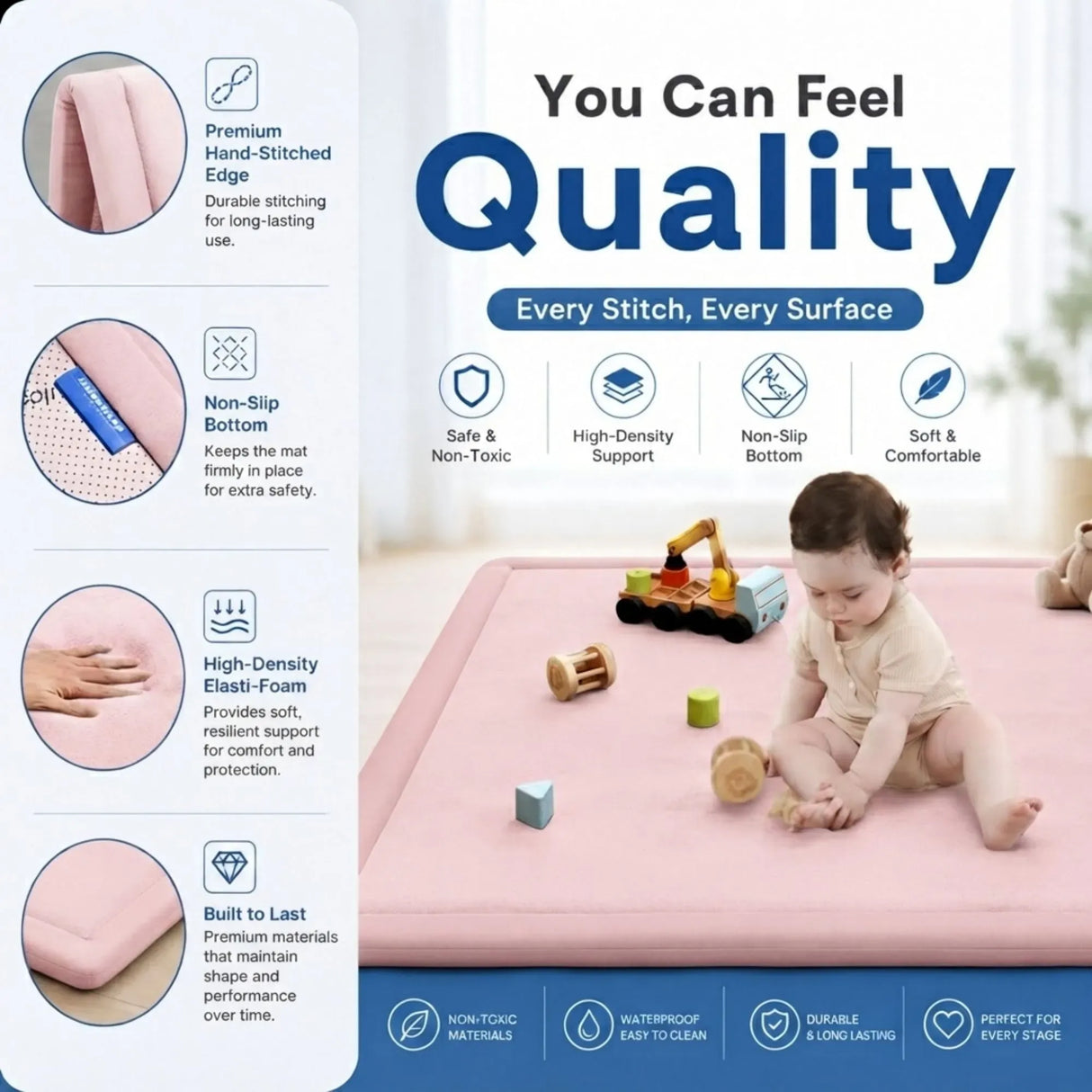 CARLA HOME Baby Play Mat 150x200cm, Thick Foam Crawling Mat, Infants, Pink