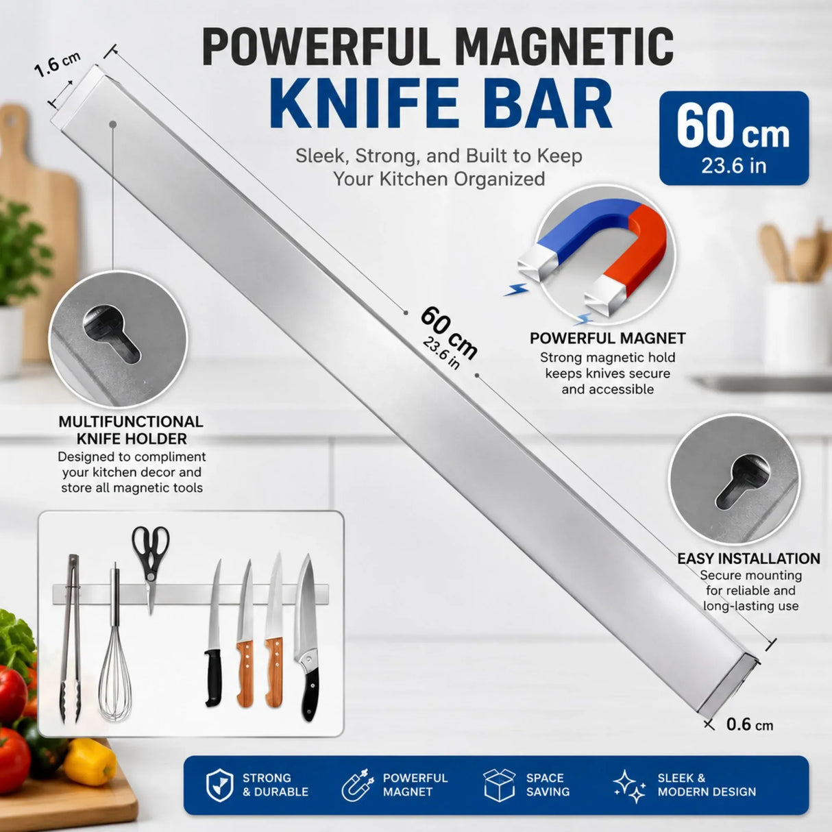 CARLA HOME Magnetic Knife Strip 60cm, Premium Stainless Steel Wall Rack Kitchen