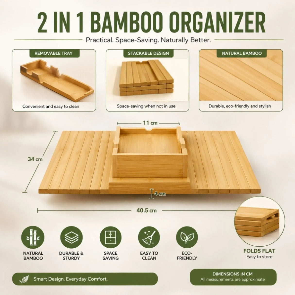 CARLA HOME Bamboo Sofa Armrest Tray, Couch Arm Table, Non-Slip Tray Table