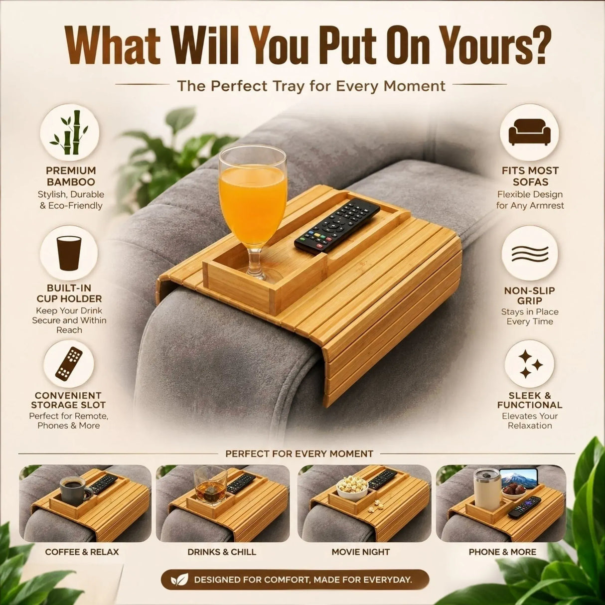 CARLA HOME Bamboo Sofa Armrest Tray, Couch Arm Table, Non-Slip Tray Table