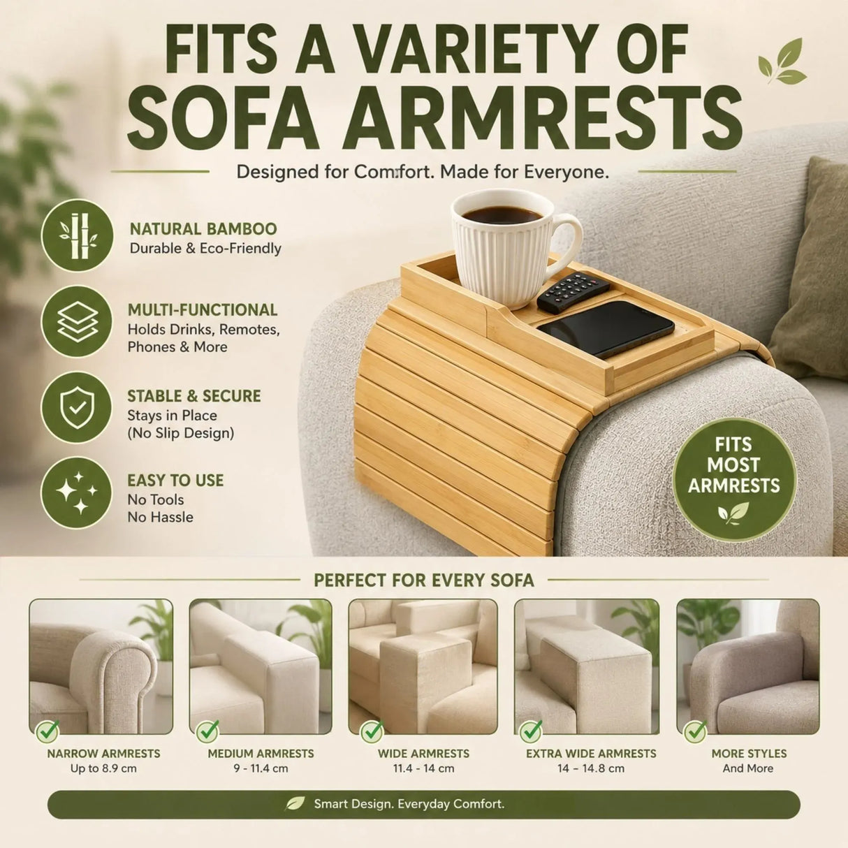 CARLA HOME Bamboo Sofa Armrest Tray, Couch Arm Table, Non-Slip Tray Table
